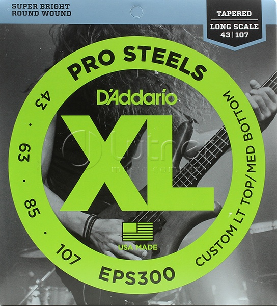 Картинка Струны для бас-гитары D'Addario EPS300 ProSteels Комплект струн для бас-гитары, Lt top/Med bottom, 43-107, - лучшая цена, доставка по России